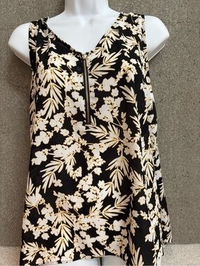 Worthington Black Floral Blouse with Cream & Gold Accents